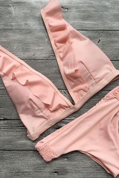 Pure Color Falbala Bikini Set