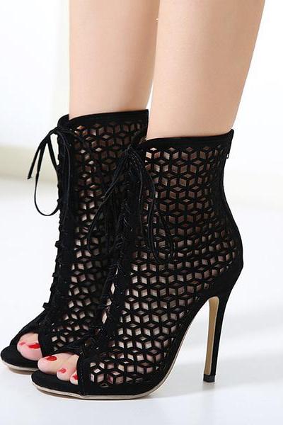 Cut Out Lace Up Peep Toe Stiletto High Heels Short Boot Sandals