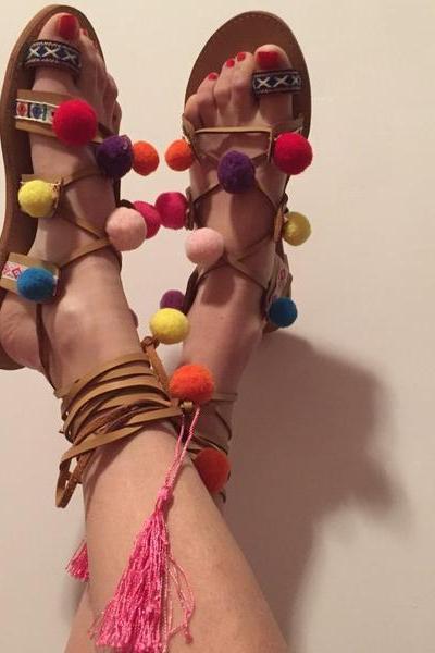 Colorful Balls Decorate Lace Up Ankle Wraps Slip-on Flat Sandals