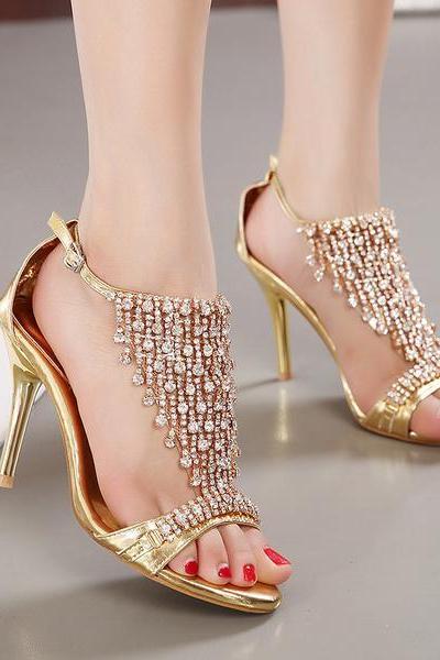 Silver Rhinestone Open Toe Ankle Wrap Stiletto Heels Sandals