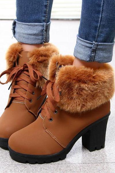 British Style Faux Fur Decorate Chunky Heel Short Martin Boots