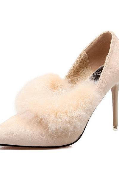 Faux Suede Pointed-toe High Heels Featuring Fur Trimmed