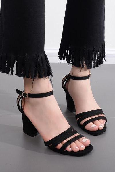 Chunky Low Heels Open Toe Ankle Wrap Sandals