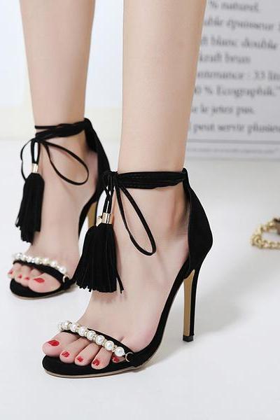 Faux Suede Pearl Embellished Open-toe Lace-up High Heel Sandals Featuring Tassel Detailing