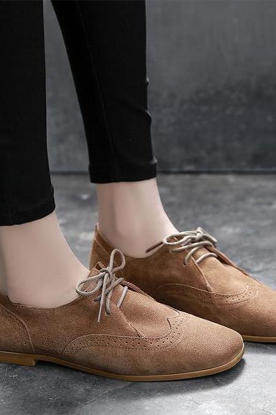 NEW Women Oxford Lace Up Low Flat Heel Fux Suede Round Almond Toe Ankle Top Shoe 