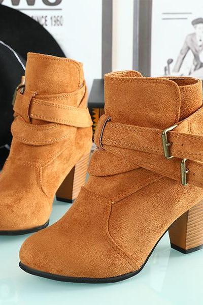 Straps Round Toe Low Chunky Heels Short Boots