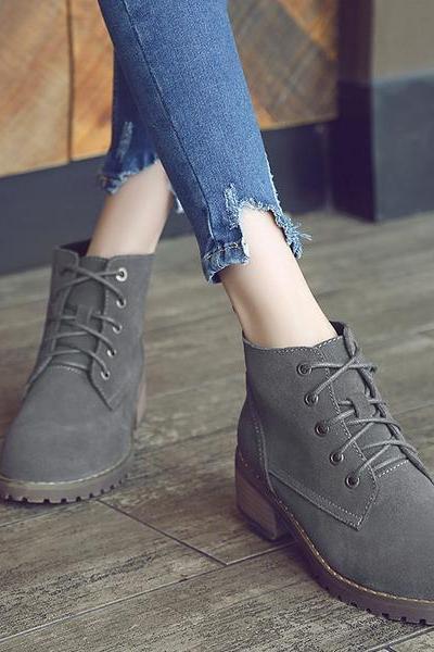 Round Toe Lace Up Low Chunky Heels Short Boots