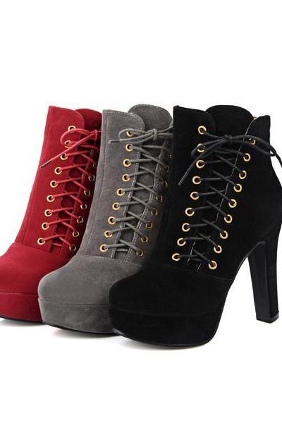 Side Lace Up Round Toe Stiletto High Heels Short Boots