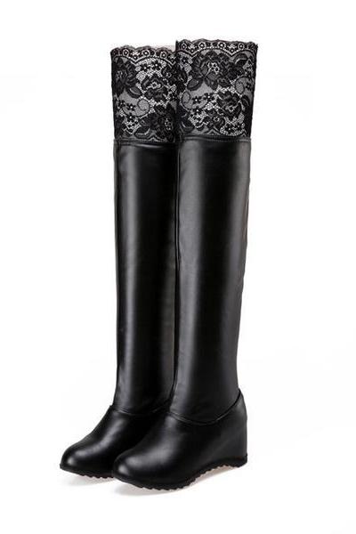 Lace Patchwork Round Toe Inside Heels Over-knee Long Boots