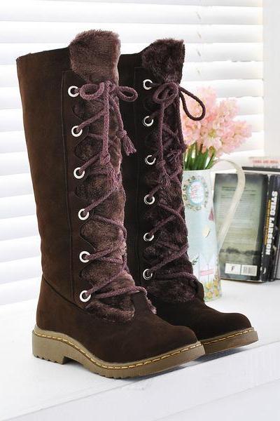 Lace Up Round Toe Flat Long Snow Boots