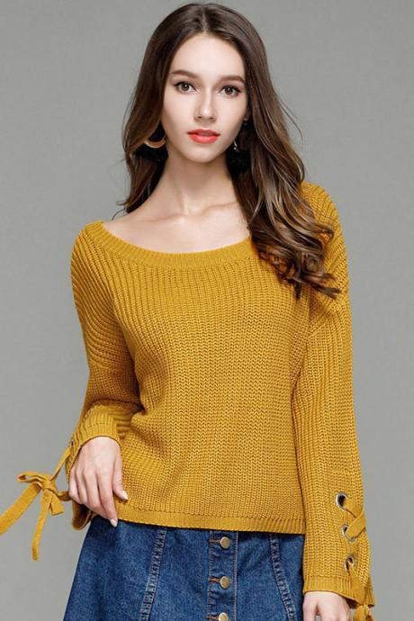 Pure Color Big Scoop Straps Long Trumpet Sleeves Loose Sweater