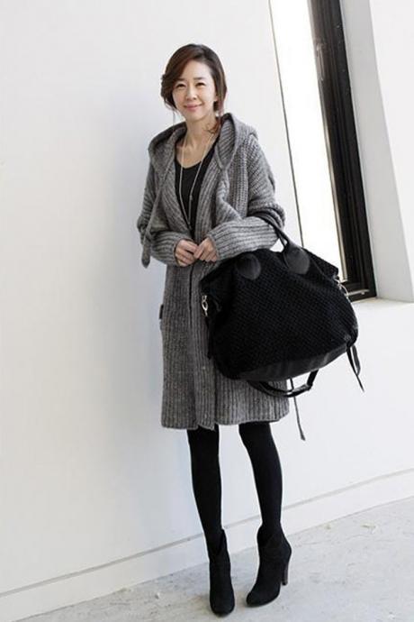 Pure Color Long Sleeves Pockets Long Hooded Cardigan