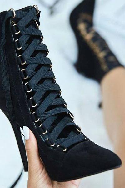 Faux Suede Pointed-toe Lace-up Mid-calf High Heel Boots