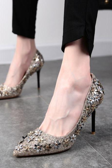 Glitters Pointed-Toe High Heel Stilettos Featuring Floral Embellishments, Party Heels 