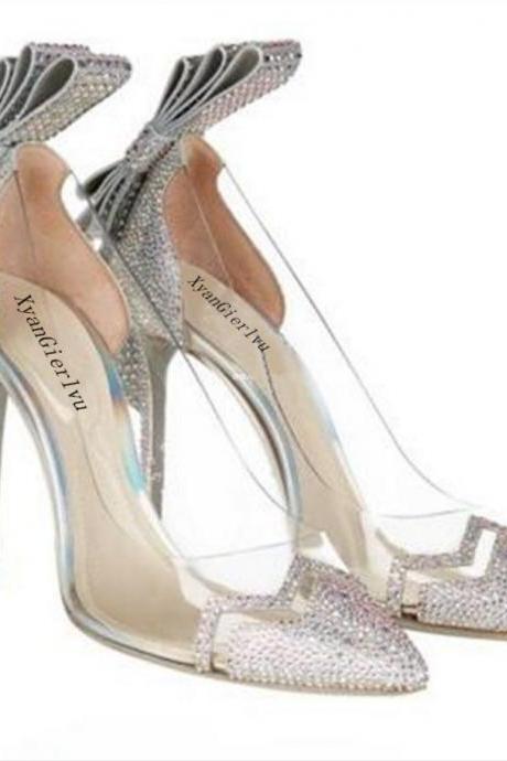 Bowknot Crystal Transparent Low Cut Stiletto High Heels Bridal Shoes