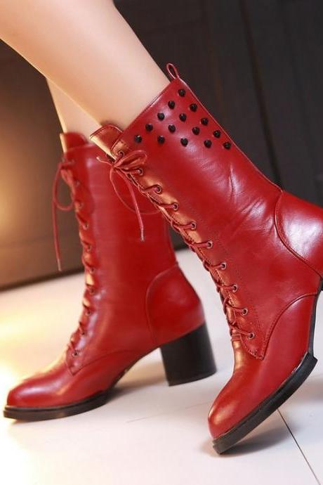 Rivets Lace Up Pointed Toe Middle Chunky Heels Short Boots
