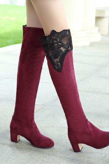 Lace Patchwork Round Toe Low Chunky Heels Knee-length Long Boots