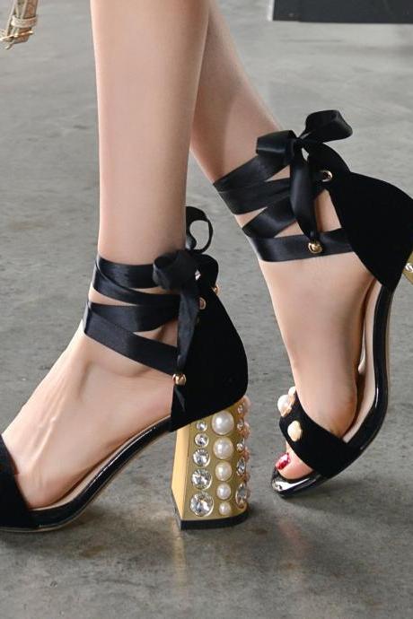 Beads Decorate Open Toe Ankle Straps Middle Chunky Heels Sandals