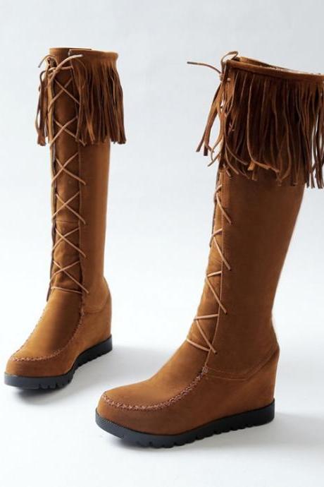 Lace Up Tassels Inside Wedge Long Boots