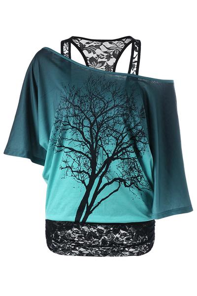 Tree Print Scoop One Shoulder Lace Patchwork Short Sleeves T-shirt