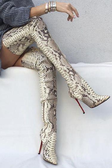 Snake-grain Pattern Pointed Toe Stiletto High Heels Over-knee Long Boots