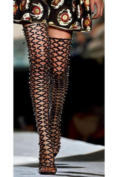 Cut Out Rivets Open Toe Stiletto High Heels Over-knee Boot Sandals