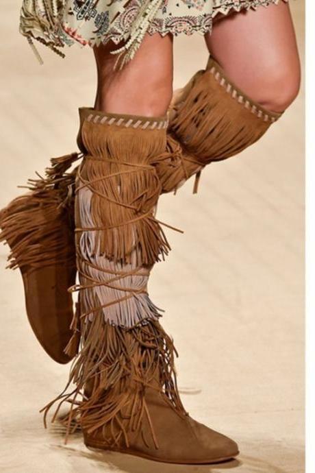 Tassels Straps Cross Pointed Toe Knee-length Long Boots