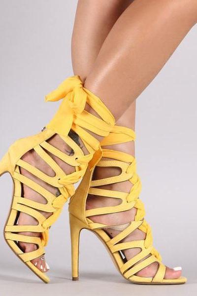 Candy Color Open Toe Ankle Wraps Stiletto High Heels Sandals
