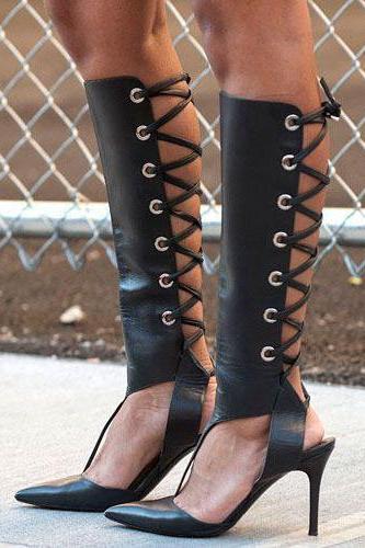 Pointed Toe Leather Knee-Length Corsetry-Inspired High Heel Pumps 