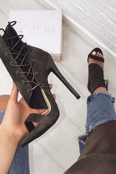 Side Zipper Lace Up Open Toe Stiletto High Heels Sandals