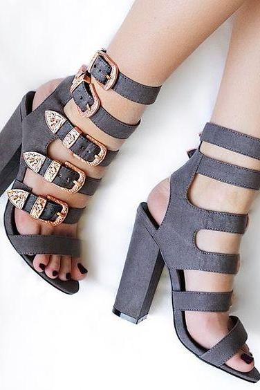 Hasp Straps Open Toe High Chunky Heels Sandals