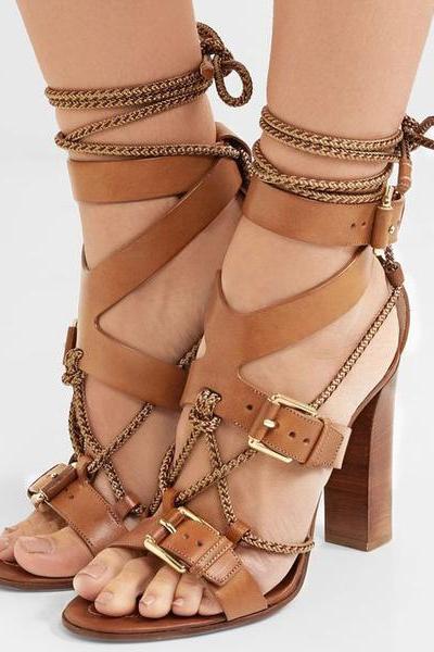 Hasp Straps Ankle Wraps Open Toe High Chunky Heels Sandals
