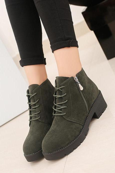 Suede Round Toe Side Zipper Lace UP Low Chunky Heels Short Martin Boots