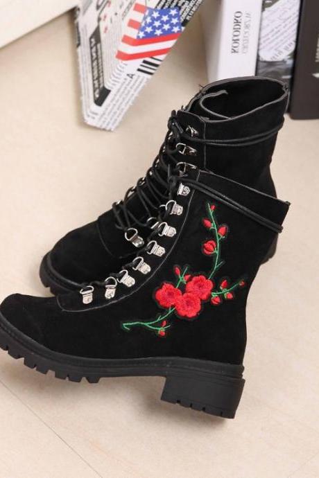 Embroider Round Toe Lace Up Low Chunky Heels Short Martin Boots