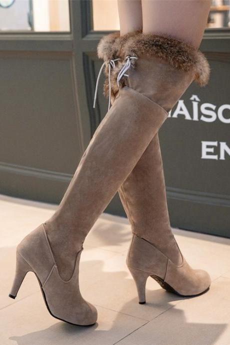 Round Toe Faux Fur Edge Middle Stiletto Heels Knee-length Long Boots