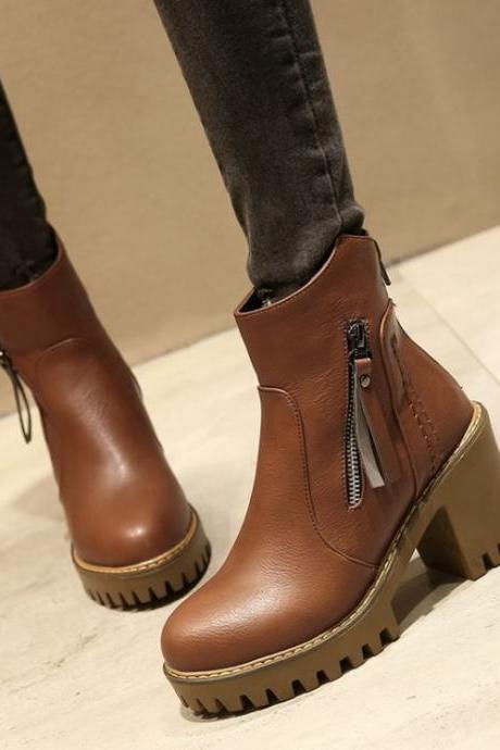 Zipper Tassels Round Toe Platform Middle Chunky Heels Short Boots