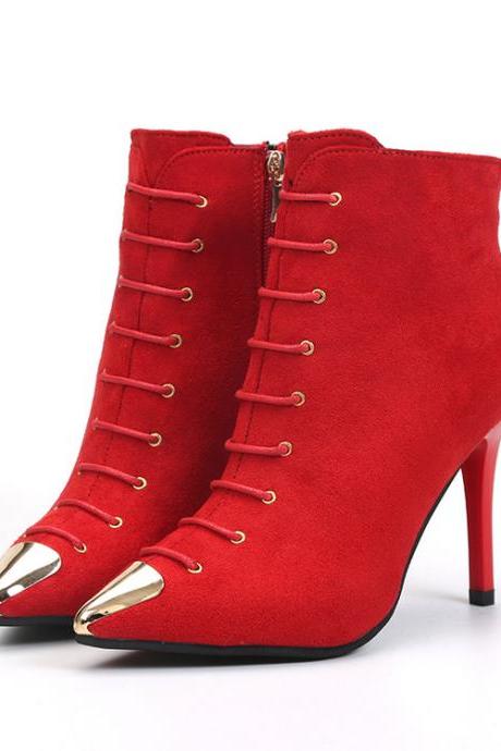 Pointed Toe Solid Color Side Zipper Stiletto High Heels Short Boots