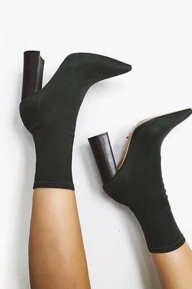 Faux Suede Pointed-toe Chunky Heel Mid-calf Sock Boots