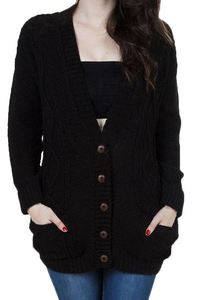 Buttons V-neck Pockets Batwing Sleeves Loose Cardigan