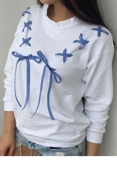 Lace Up Bowknot Candy Color Long Sleeves Sweatshirt