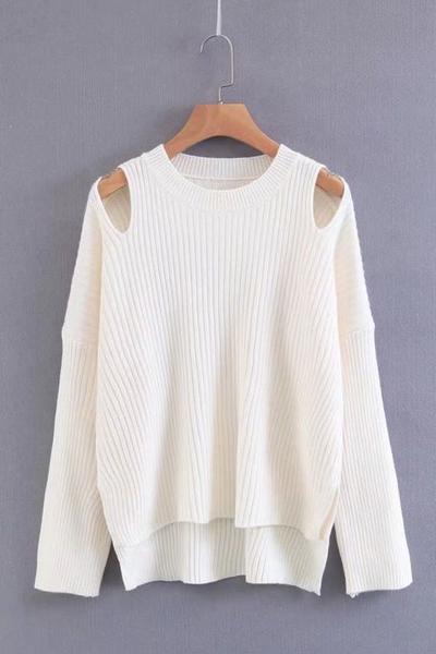 Knitted Cold Shoulder Long Sleeves Sweater Featuring Crew Neckline