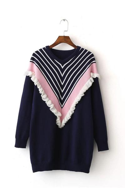 Patchwork Stripe Long Sleeves Ruffles Long Sweater