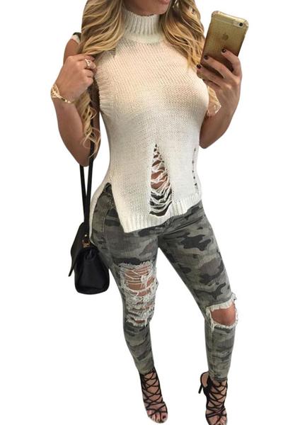 Cut Out Sleeves High Neck Low High Knitwear Sweater