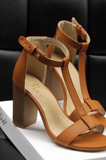 Open Toe Ankle Wrap Solid Color High Chunky Heels Sandals