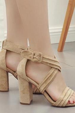 Solid Color Ankle Wrap Cross Open Toe High Chunky Heels Sandals