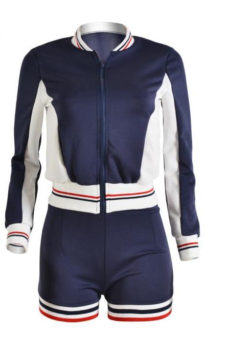 Patchwork High Color Slim Coat with Stripe Shorts Two Pieces Sports Set