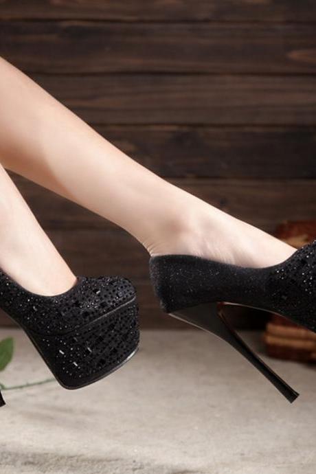 Glitters and Beaded Embellished Rounded-Toe Platform High Heel Stilettos