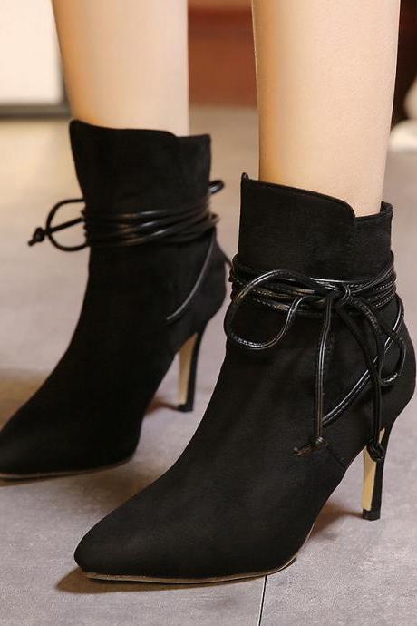 Faux Suede Pointed-toe High Heel Mid-calf Boots Featuring Lace-up Detailing