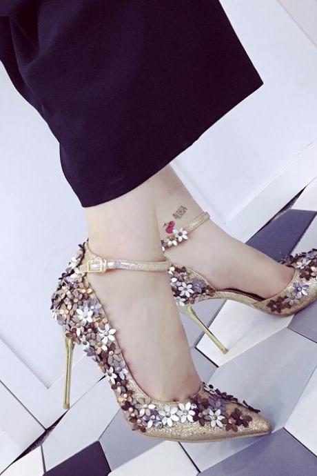 Flowers Pointed Toe Low Cut Ankle Wrap Stiletto High Heels