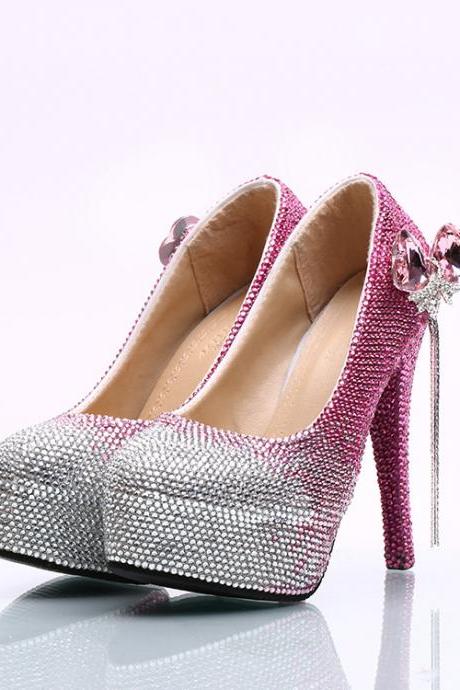 Gradient Pink Crystal Rhinestone Platform Super Stiletto High Heels Party Shoes